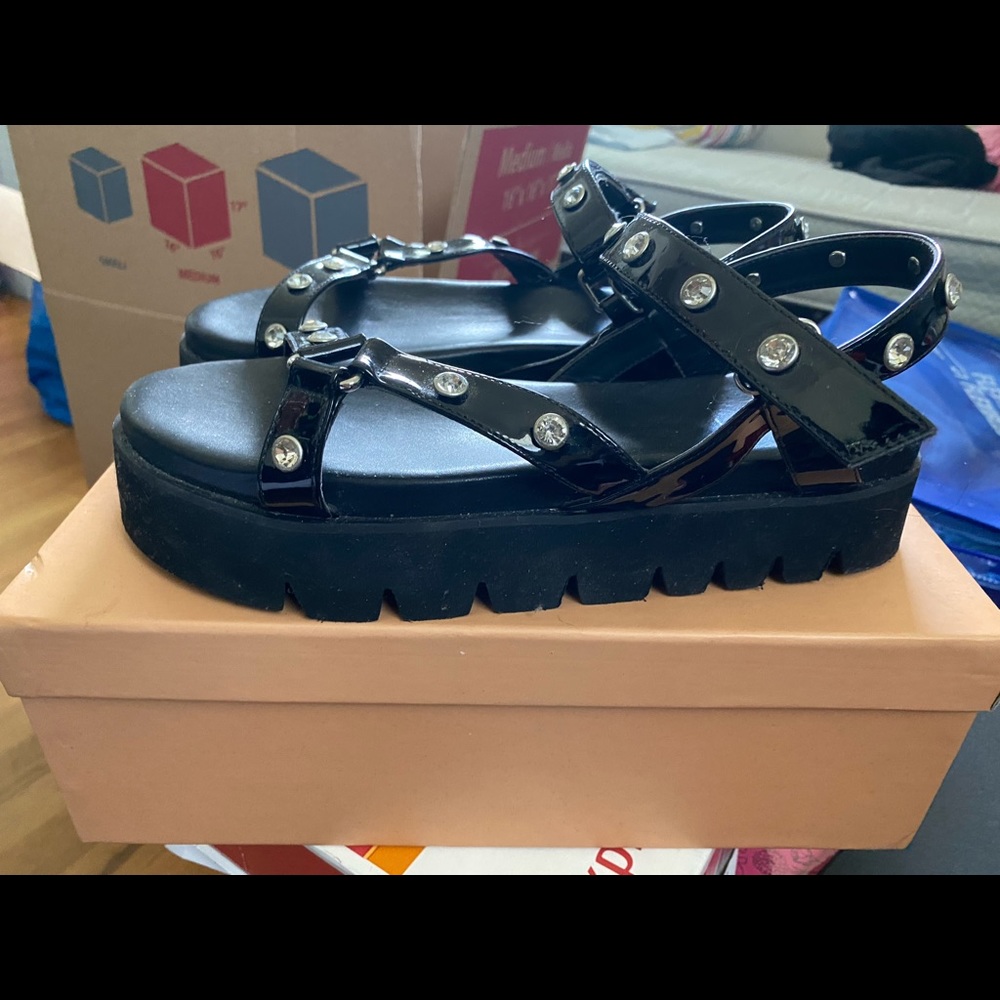Black Chunky Rhinestone Sandals - Picture 4 of 4